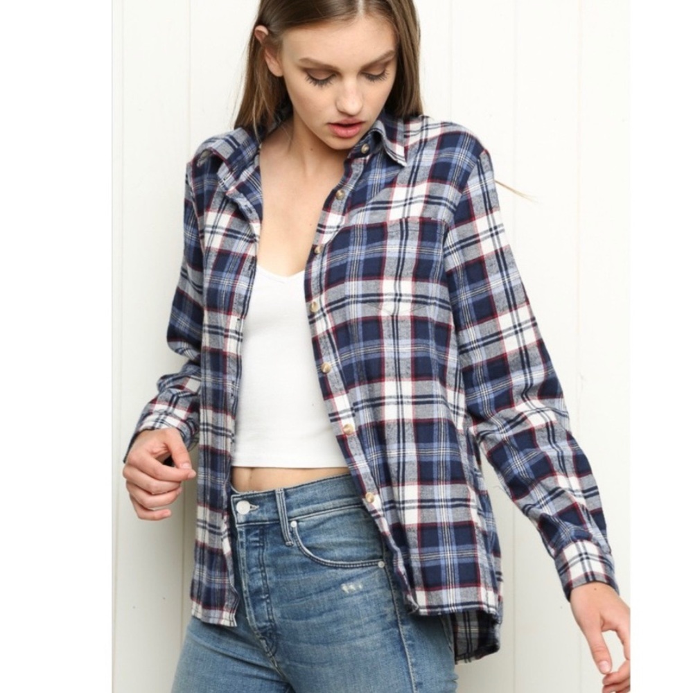 Brandy Melville Wylie Blue Plaid Flannel Shirt OS Y2K /  90’s Grunge Style